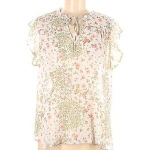 Status by Chenault Flutter Sleeve Tie Neck Top Blouse White with Pink Floral S